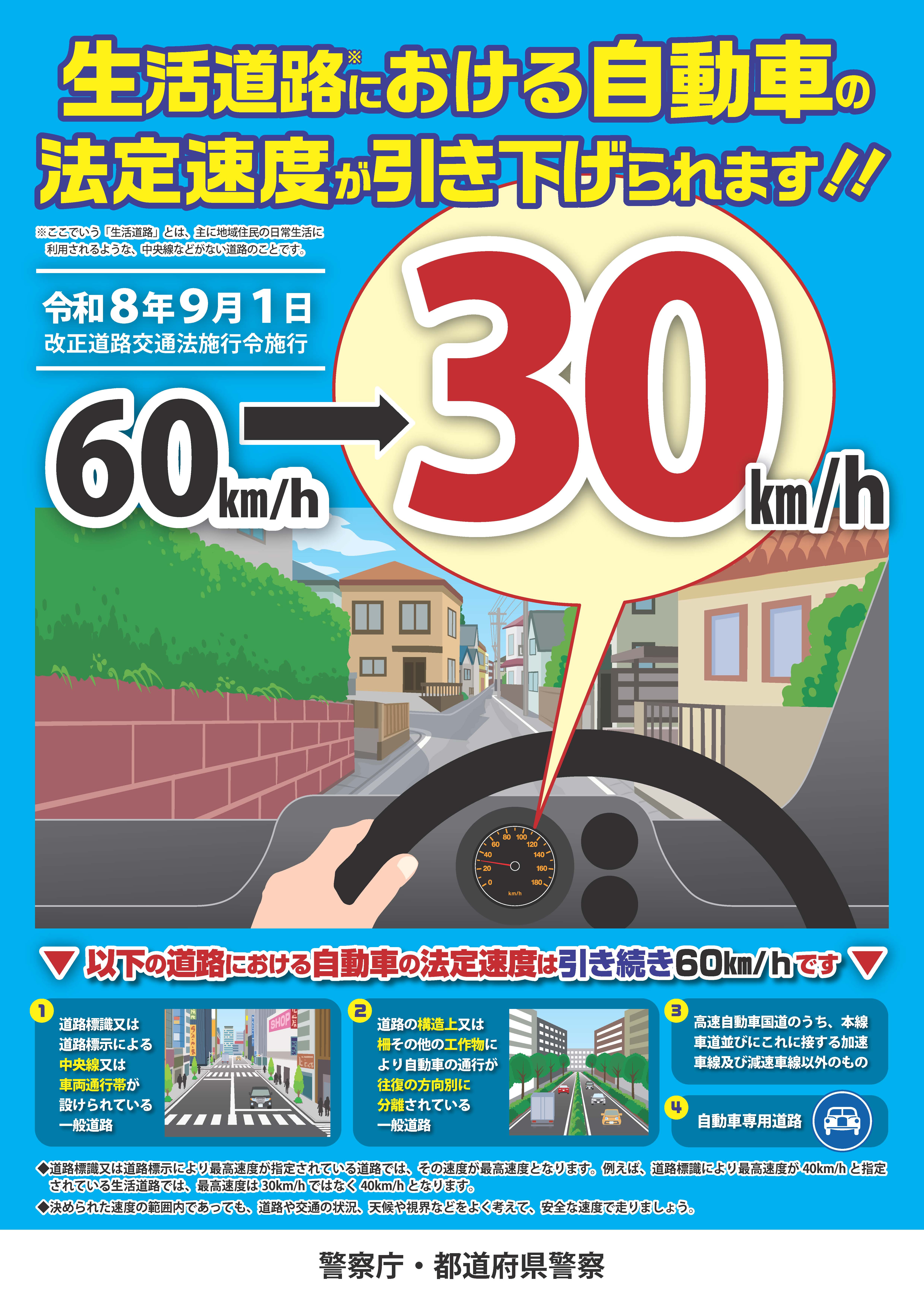 生活道路における自動車の法定速度が引き下げられます