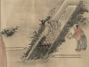 Place cylindrical electrum between earthenware pots, arrange them in a furnace, and fill charcoal around themの画像