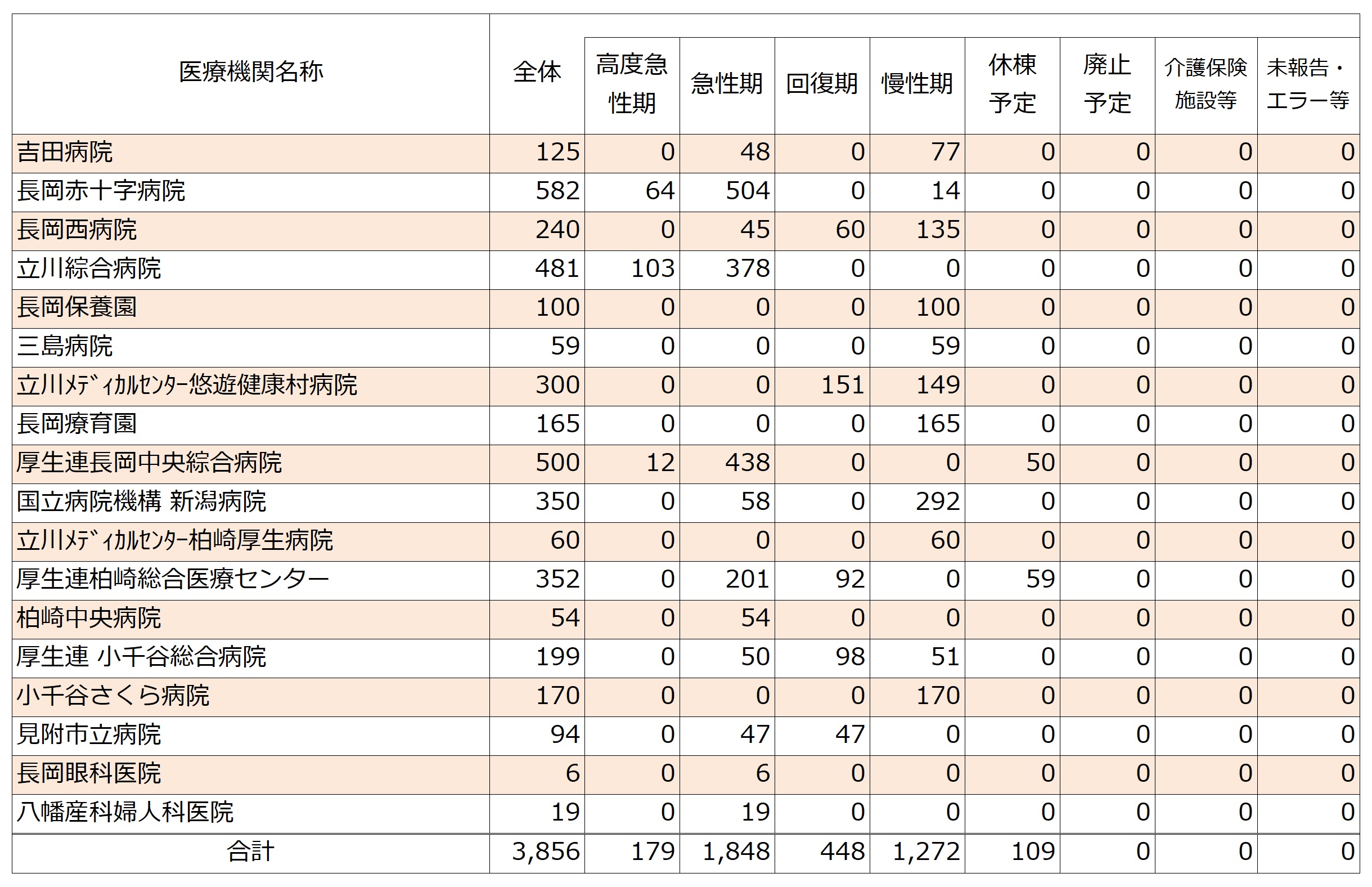 2025年度医療機関別機能ごとの病床数（中越圏域）