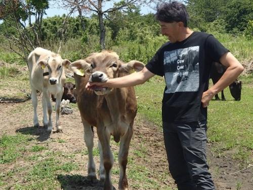 ブラウンスイスと触れ合う山田さん